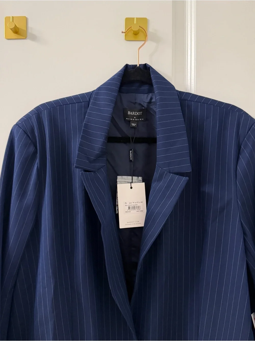 NWT Bardot Oversized Longline Navy Pinstripe Single-Breasted Blazer Sz 10 medium